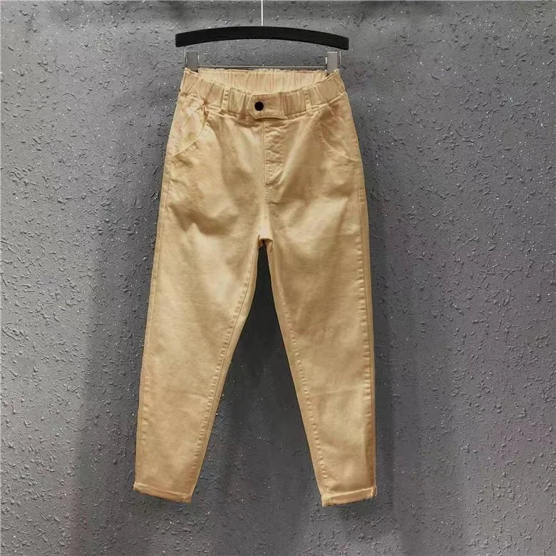 New Spring Summer Women Casual Harem Pants All-matched Casual Cotton Denim Pants Elastic Waist Solid Yellow White Jeans Female