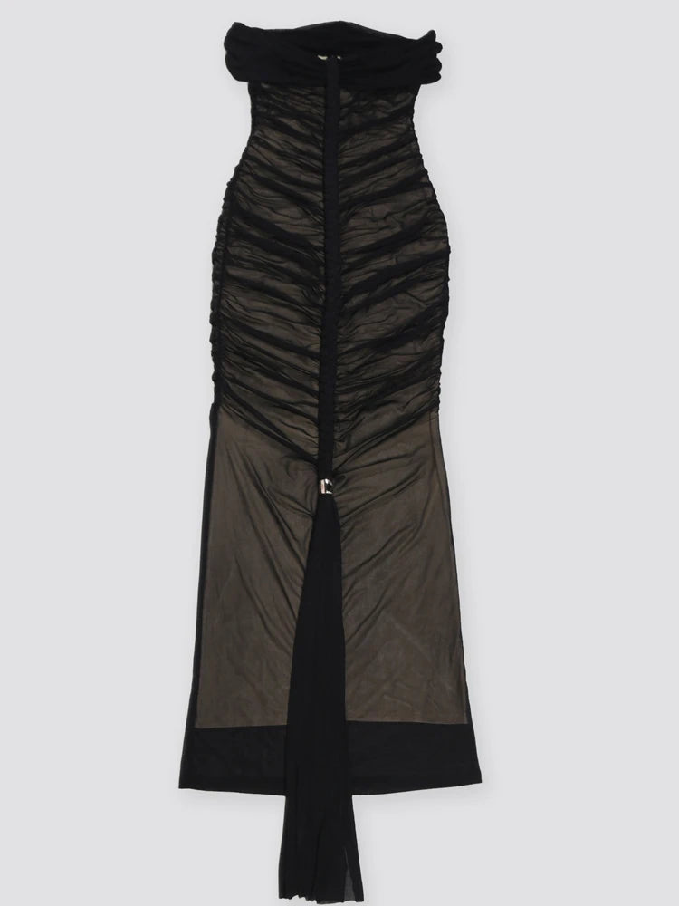 Beyprern Luxe Goddess Ruched Mesh Maxi Dress Elegant Women's Off Shoulder Pleated Bandage Beach Vacation Dress Holiday Outfits