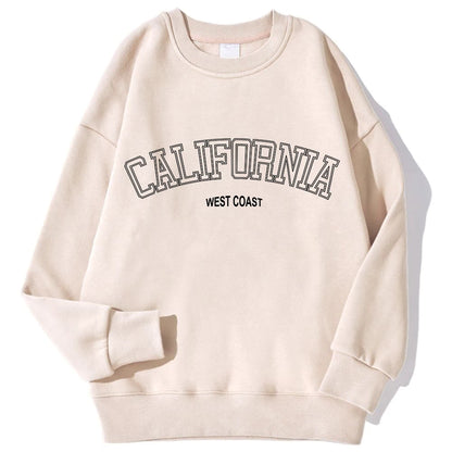 Korean Trend Woman Sweatshirts California West Coast Print Female hoodie Long Sleeves O-neck Pullovers Sporty and Rich Clothing Beige