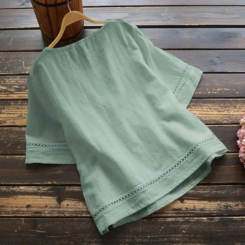 Fashion O-neck Short Sleeve White Lace Tops And Blouses Women 2024 Summer Loose Casual Cotton Linen Top Femme Blouse Shirt Woman