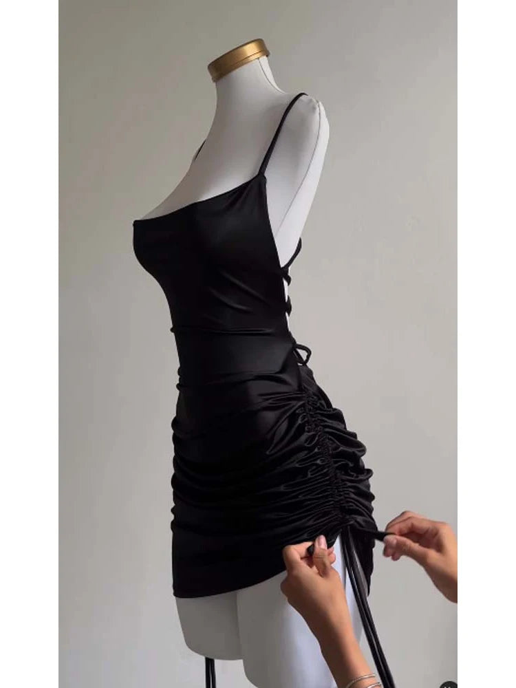 Sexy Sleeveless Backless Bodycon Mini Dress Women Summer Satin Lace Up Party Club Dresses Streetwear Evening Black Y2K 2025 Robe