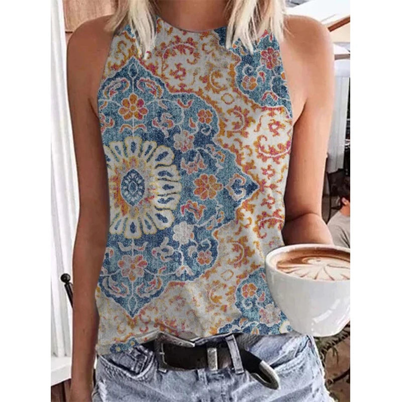 Ethnic Style Paisley 3D Print Tank Tops Women Retro Streetwear Y2k Oversized O-Neck Vest Off Shoulder Sleeveless Woman Camisole FKF66F202314148