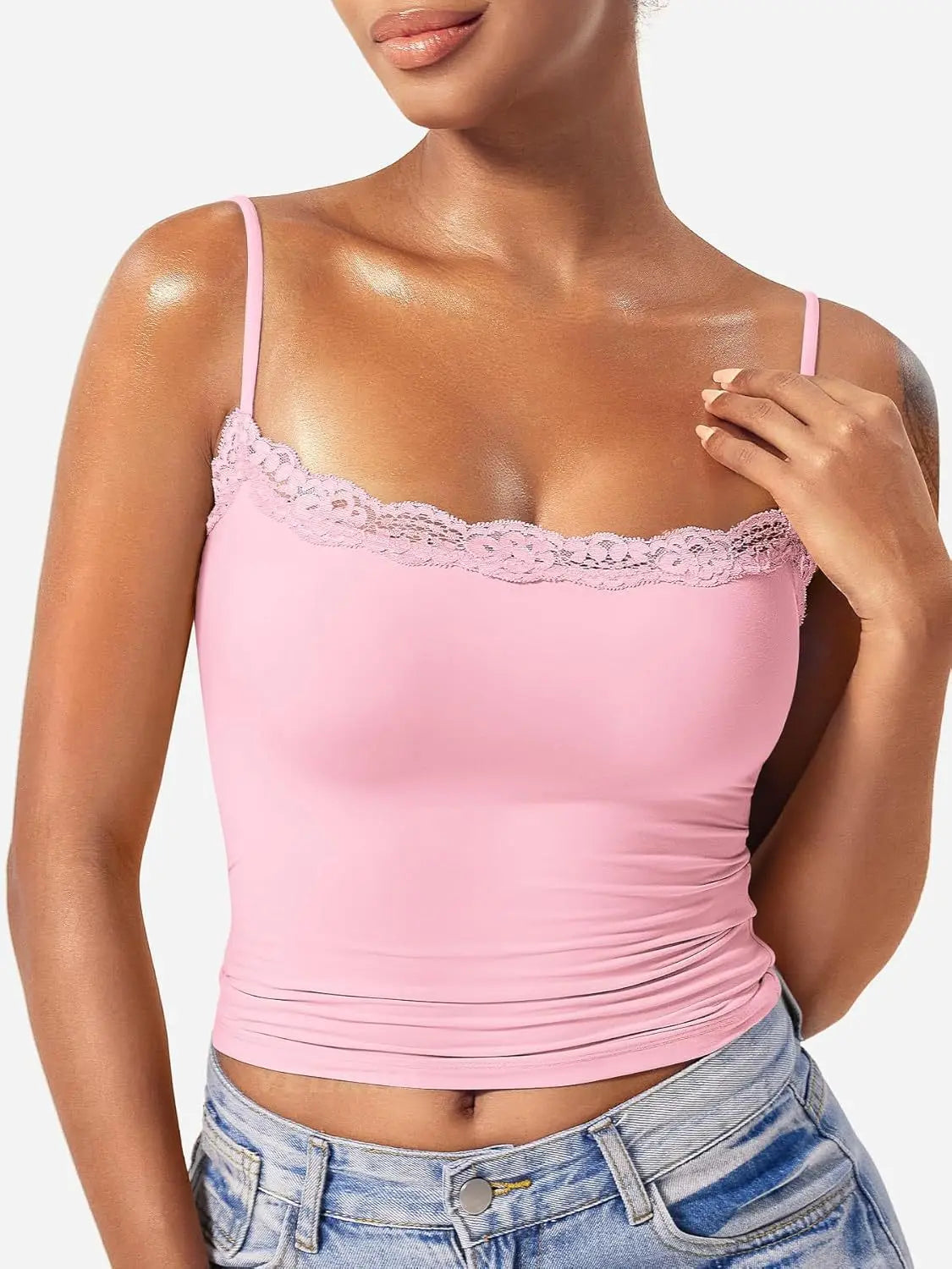 2025 Women Lace Tanks Top Spaghetti Strap Lace Square Neck Sleeveless Match Pants Soft Pullover Summer Camisole Women Clothes