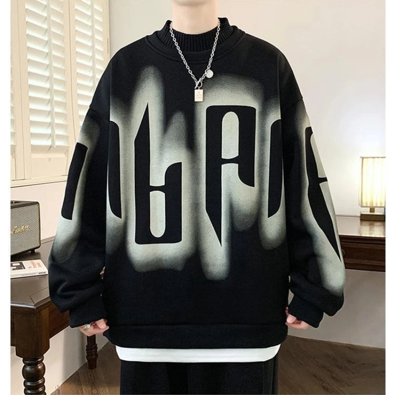 Autumn Winter Long Sleeve Print Letter Casual Hoodies Sweatshirts Thick Fake Two Pieces Fashion Tops Korean Trend Men Clothing black