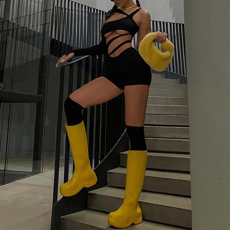 Women's Sexy Rompers Trendy Bodycon Irregular Hollow Out Holes Singel Sleeve Off Shoulder Y2k Playsuits Female Casual Streetwear