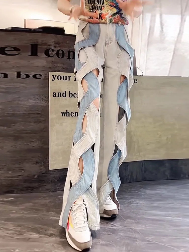 VGH Crisscross Hit Color Streetwear Denim Trousers For Women High Waist Patchwork Pockets Hollow Out Split Pants Female 2024