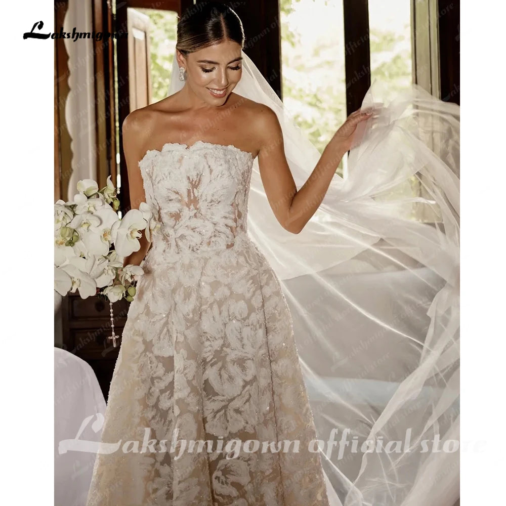 Lakshmigown Full Lace Strapless Wedding Dress Featuring Stunning Lace Appliques and Floral A-Line Bridal Dress Customized Badiee Stylez