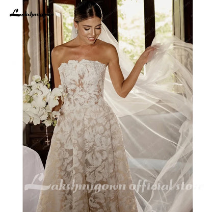 Lakshmigown Full Lace Strapless Wedding Dress Featuring Stunning Lace Appliques and Floral A-Line Bridal Dress Customized Badiee Stylez