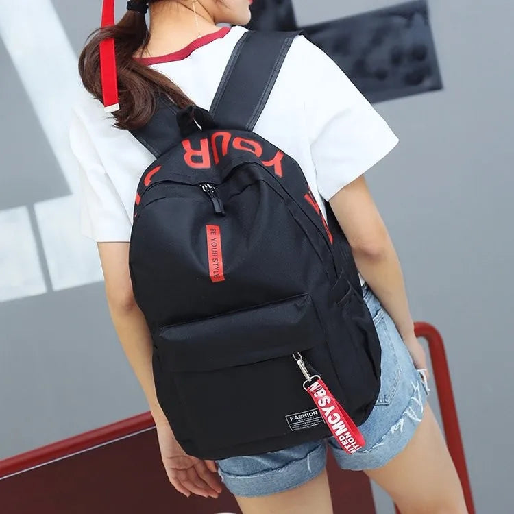 Fashion trend backpack backpack for men and women junior high school high school student bag large capacity korean version of th Black-red