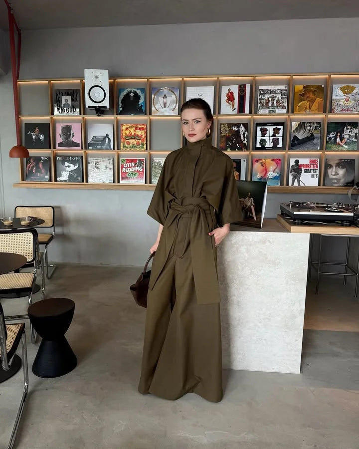 Linen Lace Up Women's Jumpsuit High V-neck Full Sleeve Top Loose Straight-leg Pants 2025 Summer Chic Female Casual Streetwear Army Green