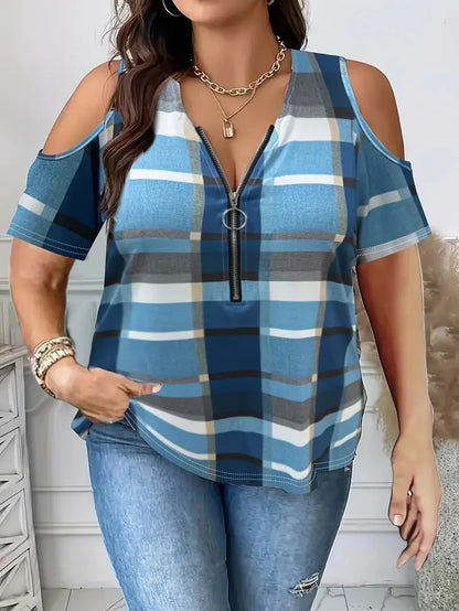 Plus Size Plaid Print T-Shirt Casual Cold Shoulder Half Zip Short Sleeve T-Shirt Women s Plus Size Clothing AF654