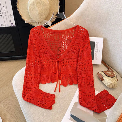 French Mori Girl Style Women's Hollow Out Crochet Sun Protection Commuter Knitted Cardigan Long-sleeved Sweet Short Top