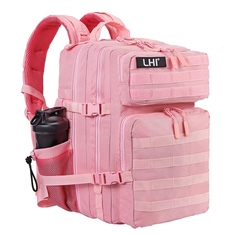 LHI 45L Tactical Backpack for Men and Women Large Athlete Gym Bag Outdoor Sports Hiking Survival Rucksack with Bottle Holder Pink