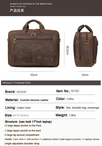 High Quality Genuine Leather Men Briefcase Business bag Crazy Horse Leather Large 17"inch Laptop Bag male Portfolio Office Case