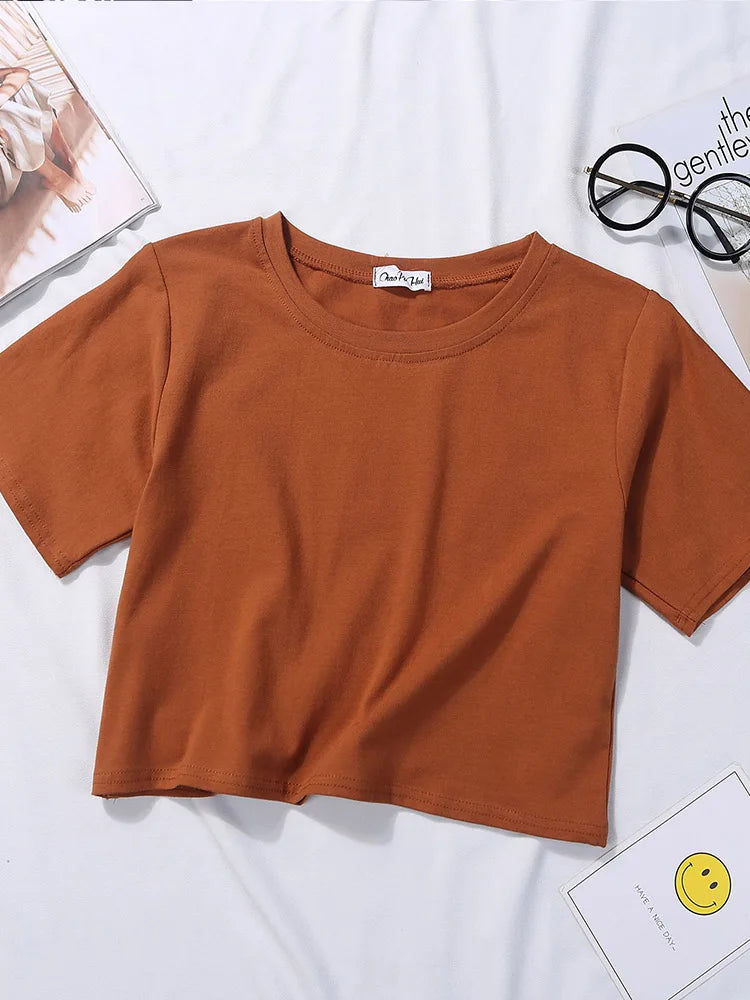 Summer Short Sleeve T Shirts Women Cotton Solid T-shirt O Neck High Waist Crop Top Tee Female Casual Loose T Shirt Badiee Stylez