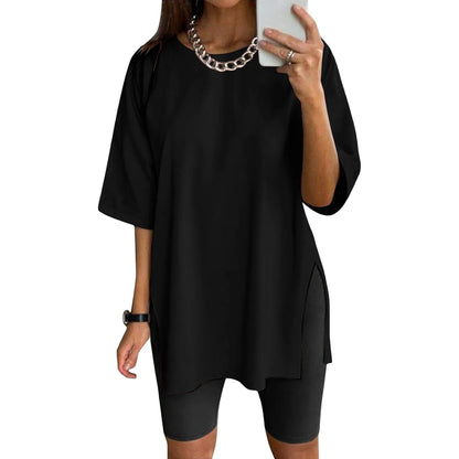 Extra Long Tops Women Oversize Sports Short Sleeve Blouses Summer Loose Tops Crew Neck Solid Large Size Side Split Pullover Black