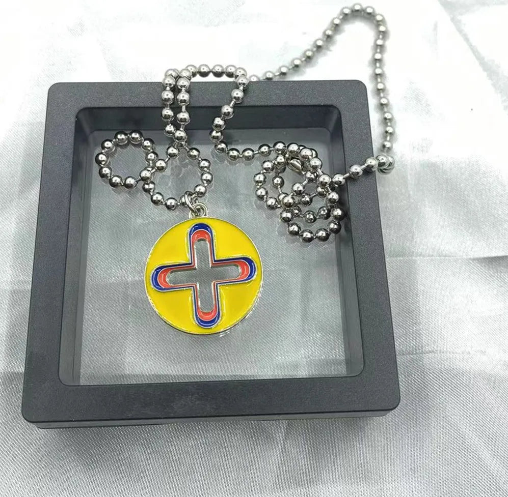 New Trendy Brand Cross Round Brand Dripping Oil Pendant Necklace Hip Hop Niche Design Personality Net Red Same Necklace new yellow