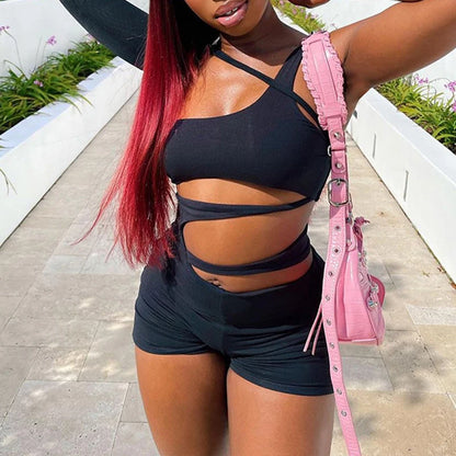 Women's Sexy Rompers Trendy Bodycon Irregular Hollow Out Holes Singel Sleeve Off Shoulder Y2k Playsuits Female Casual Streetwear