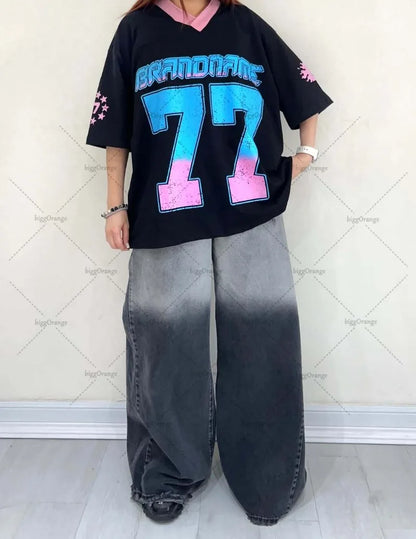 Y2K Harajuku Trendy Streetwear Top American Retro Digital Striped Print V-neck T-shirt Hip-hop Goth Casual Loose Jersey Women AA 2