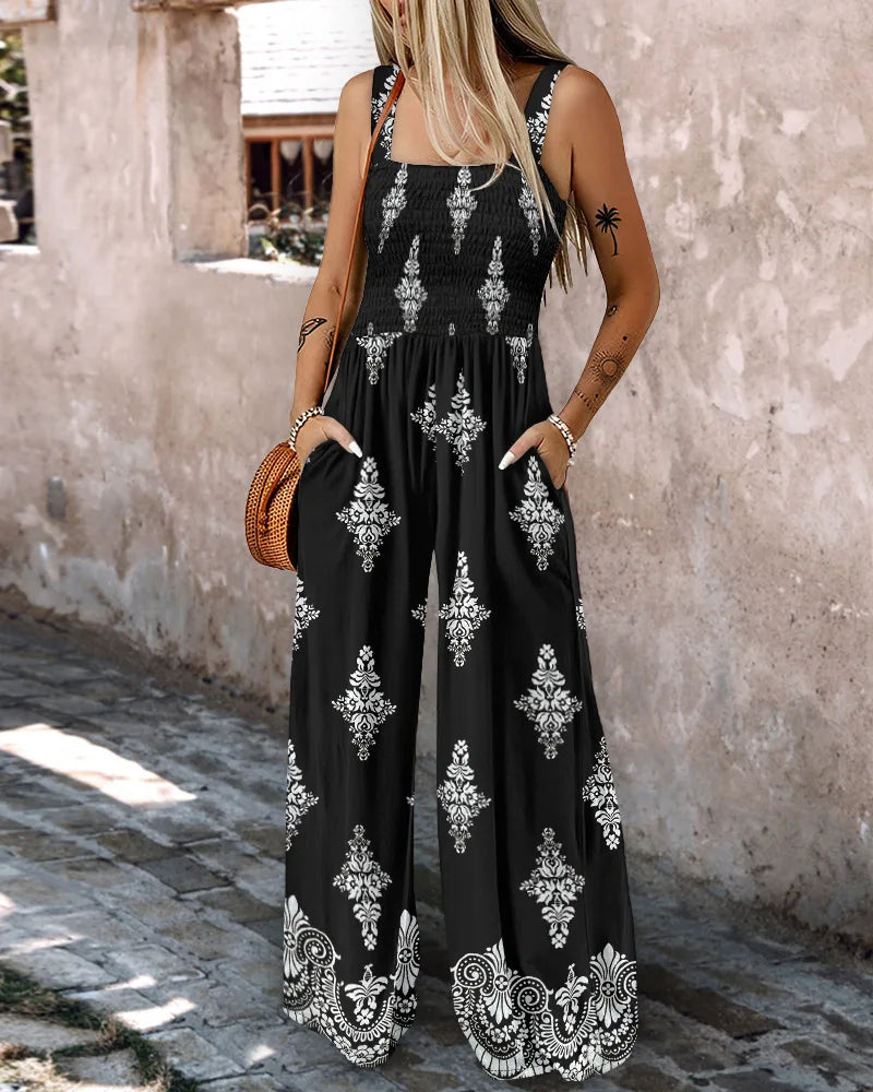 2025 Summer Female Jumpsuits with Pockets Fashion Printing Wide Legs High Waist Women's Rompers Sleeveless Strap Pants Trousers Badiee Stylez