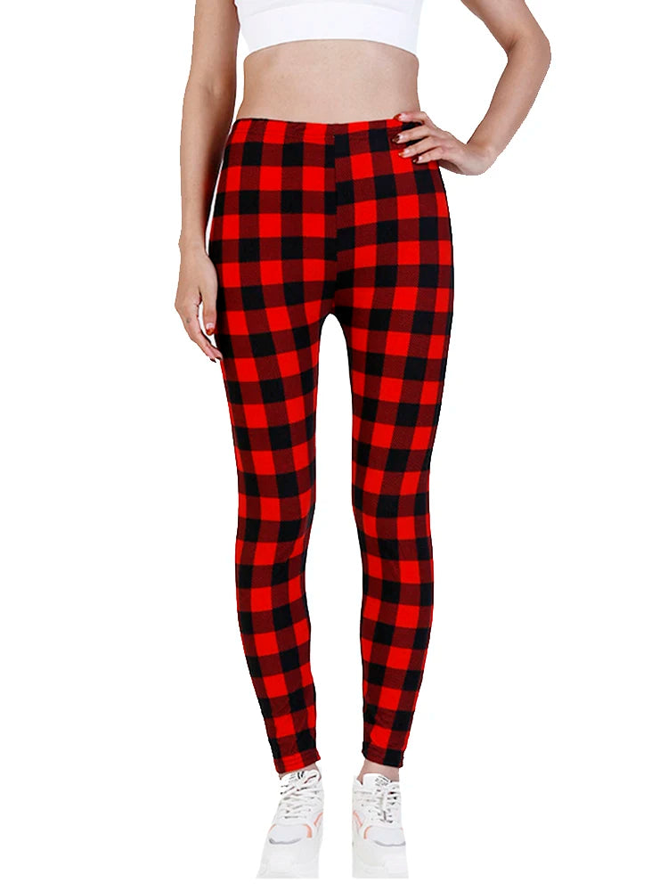 CUHAKCI Female Fitness Leggings Women Print Plaid Leggings Lady Sexy Slim Pencil Pants Push Up Elastic Waist Trousers Square Red Plaid