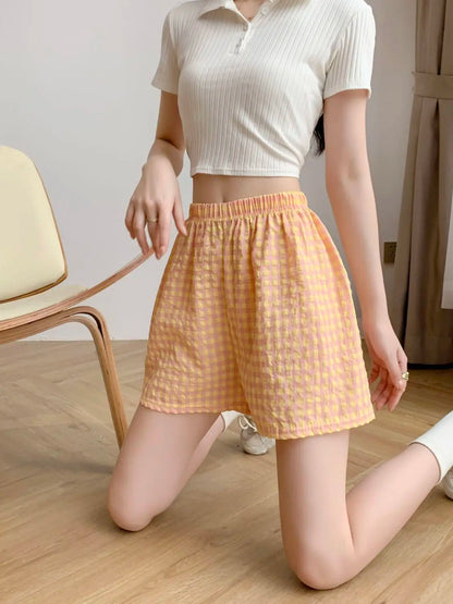 Summer Home Shorts Women's High Waisted Slimming Wide Leg Pants Sports Casual Pants Loose Plaid Pajama Pants Orange grid