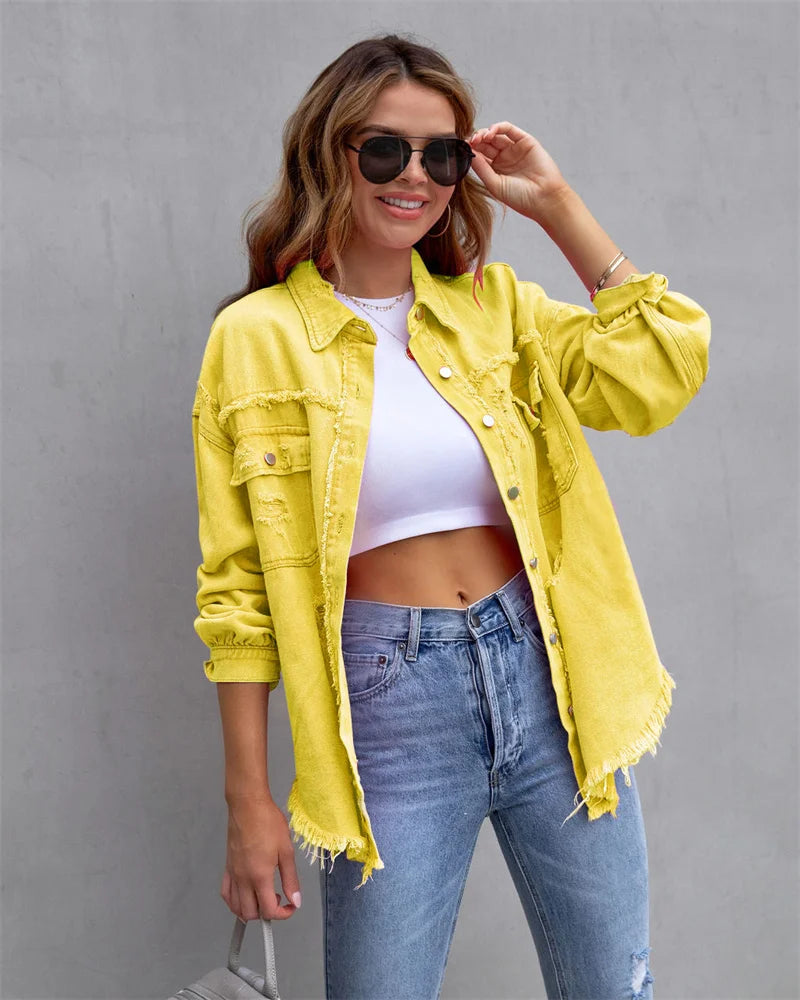 2025 Spring Autumn Shirt Style Denim Jacket Women Holes Raw-edges Jeancoat Casual Tops Female Oversize Loose Outerwear 7 Colors yellow
