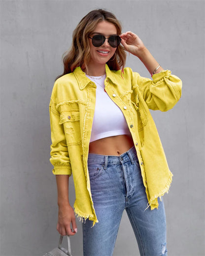 2025 Spring Autumn Shirt Style Denim Jacket Women Holes Raw-edges Jeancoat Casual Tops Female Oversize Loose Outerwear 7 Colors yellow