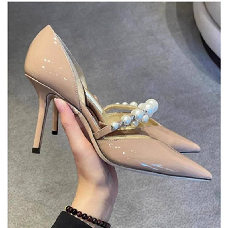 Spring/Summer New Pointed High Heels Hollow Fashion Banquet Pearl Hollow V-Mouth Women's Thin Heels Shallow Mouth Sandals nude 9 cm
