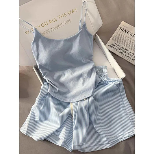 Striped Sleepwear Women Pajama Sets Spaghetti Strap Piiama Shorts Sets 2 Pieces Korean Night Wears Summer Cute Home Suit 2025 Blue
