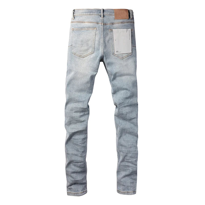Men's American High Street Fashion Distressed Washed Classical Blue Damaged Holes Stretch Skinny Button Fly Jeans Pants