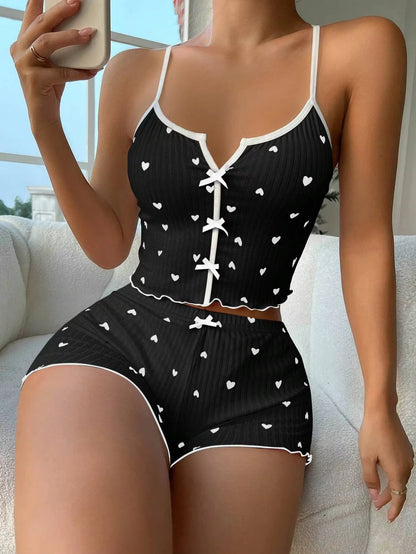 Y2K Cute Floral Print Ribbed Pajama Set Womens Cami Crop Top Shorts Two Piece Sleepwear Loungewear Set Lettuce Trim Bow Button