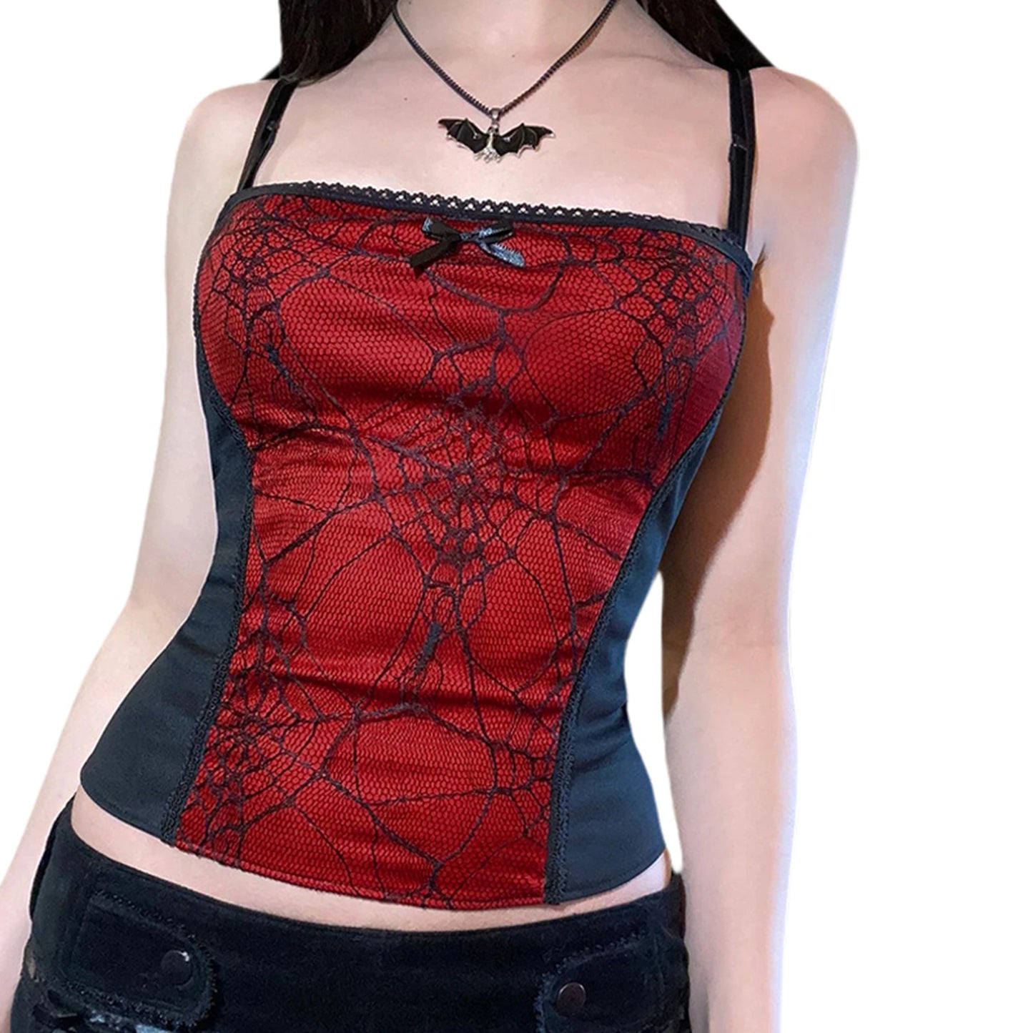 Gothic Cami Tops Y2K Aesthetic Grunge Mall Goth Crop Top Mesh Spider Net Lace Tank Lace Top E-girl Harajuku Slim Tees Red