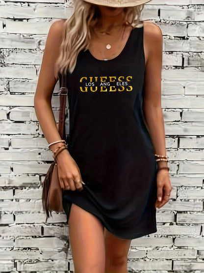 Women's summer loose casual fashion Calvin letter pattern printed vacation punk style mine black sleeveless vest dress
