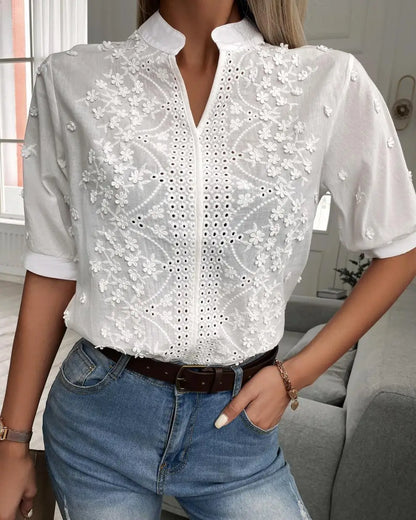Summer Women's White Top Blouse New Fashion Elegnat V Neck Short Sleeve Casual Office Party Tops Shirts Female Lace Shirt