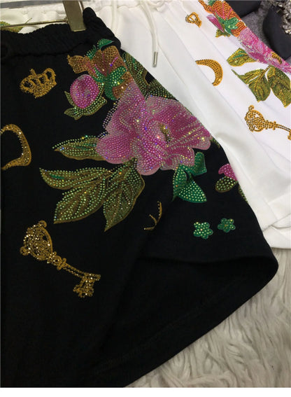 Oversized rhinestone diamond high-waisted black adjustable waist wide leg slacks Women's shorts