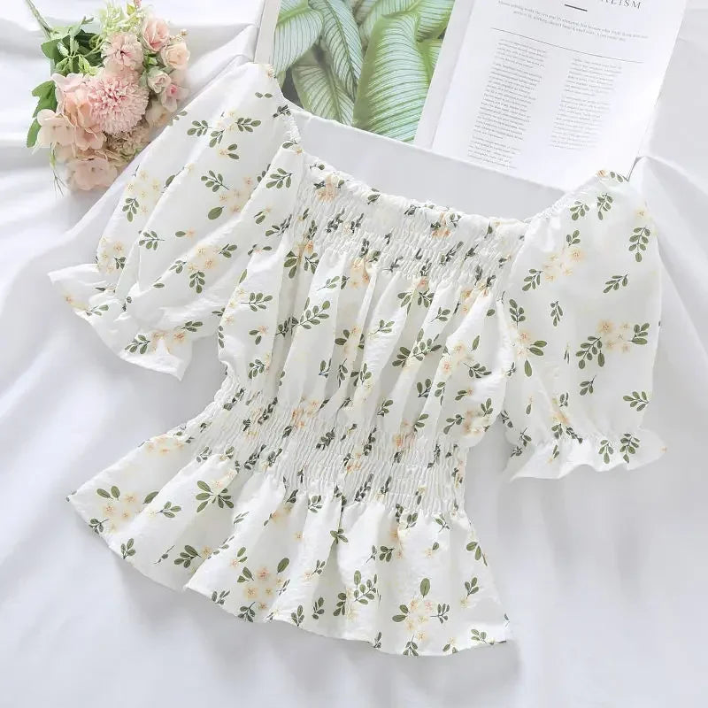 Sweet Broken Flower Slash Neck Women Blouse Agaric Edge Pleat Design Slim Elastic Waist Cropped Top Cute Chiffon T-shirt Summer green