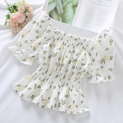 Sweet Broken Flower Slash Neck Women Blouse Agaric Edge Pleat Design Slim Elastic Waist Cropped Top Cute Chiffon T-shirt Summer green