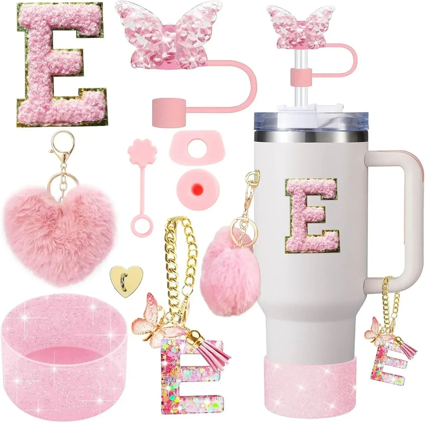 9PCS Accessory Set for Stanley Cup 30oz 40oz Butterfly Straw Cover Cap Silicone Boot Charm Initials Sticker Spill Proof Stopper Badiee Stylez