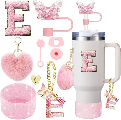 9PCS Accessory Set for Stanley Cup 30oz 40oz Butterfly Straw Cover Cap Silicone Boot Charm Initials Sticker Spill Proof Stopper Badiee Stylez