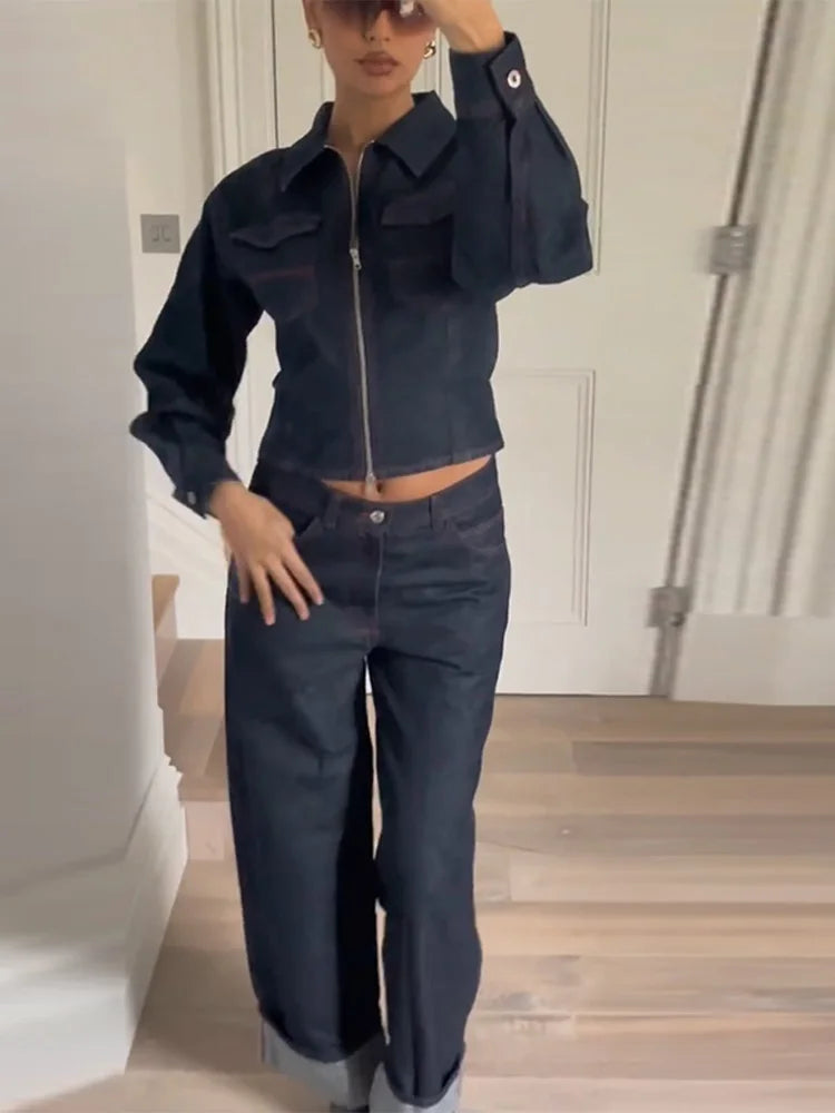 Lapel Zipper Denim Jackets Pants Sets Women Casual Pockets Short Jackets Suit With High Waist Jeans Lady Chic High Street Outfit