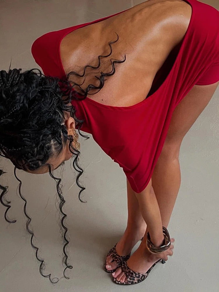 Nibber o-Neck Sexy Backless Mini Dress Women Y2K Solid Trend Style Half Sleeve Spicy Girls Street Midnight Fashion Slim Outfits