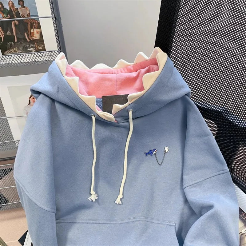 Hikigawa Chic Fashion Women Shark Hooded Sweatshirts Outerwear Autumn New Vintage Casual All Match Hoodies Coats Tosp Mujer