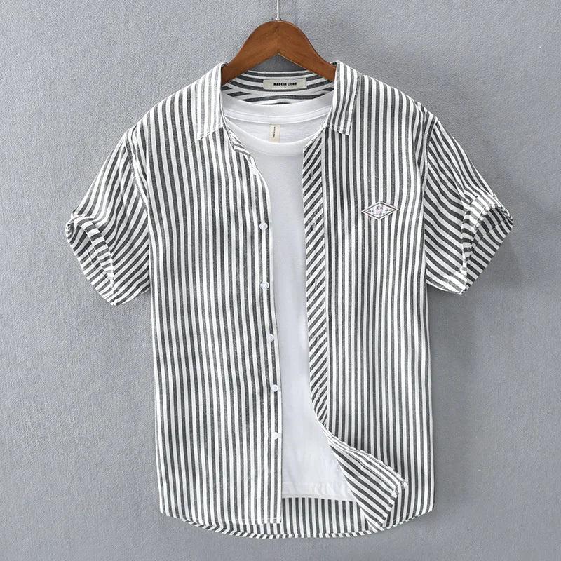 New Summer Men's Short Sleeve Shirt Fashion Thin Loose Half Sleeve Casual Youth Stripe Shirt Tops Black