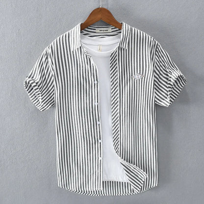 New Summer Men's Short Sleeve Shirt Fashion Thin Loose Half Sleeve Casual Youth Stripe Shirt Tops Black