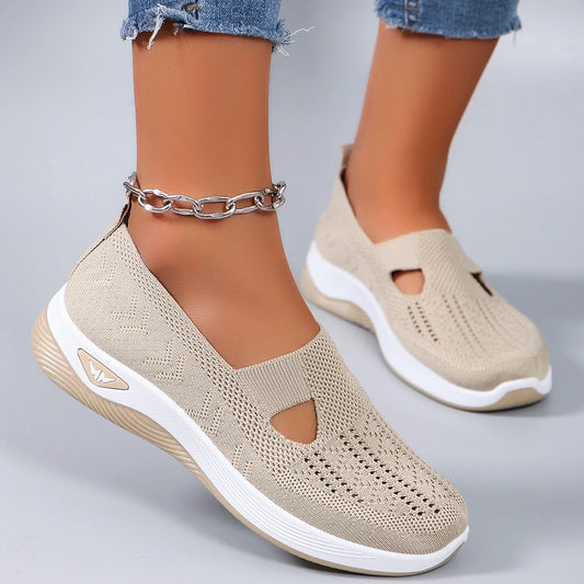 Spring new women's sports shoes, fashionable, breathable, lightweight, non-slip, wear-resistant, casual sports shoes, flat shoes Khaki
