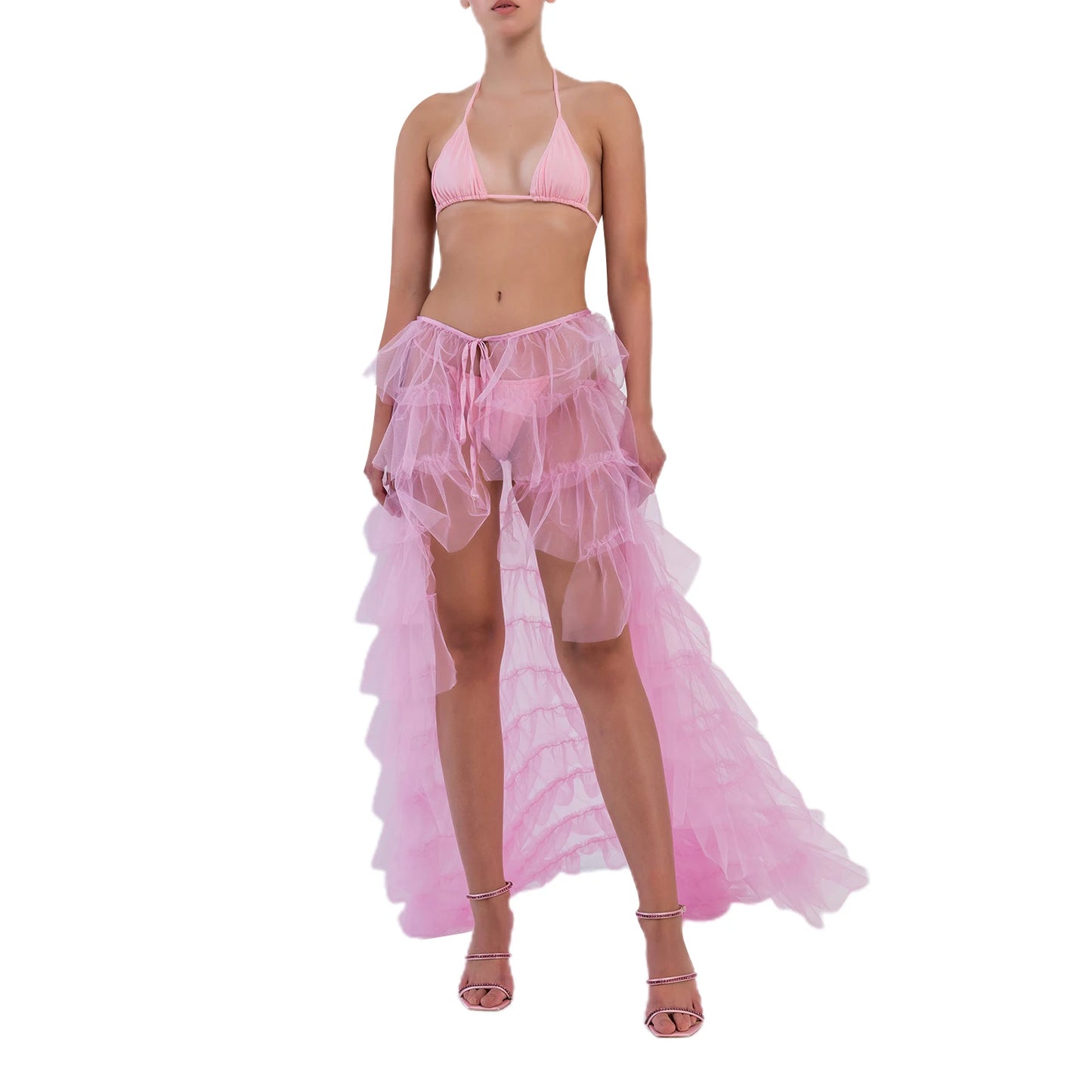 Puloru Tied-Up Mesh Tulle Long Skirts Elegant Party Wedding Wear for Women Solid Color Irregular Floor-Length Layered Skirts Pink One Size