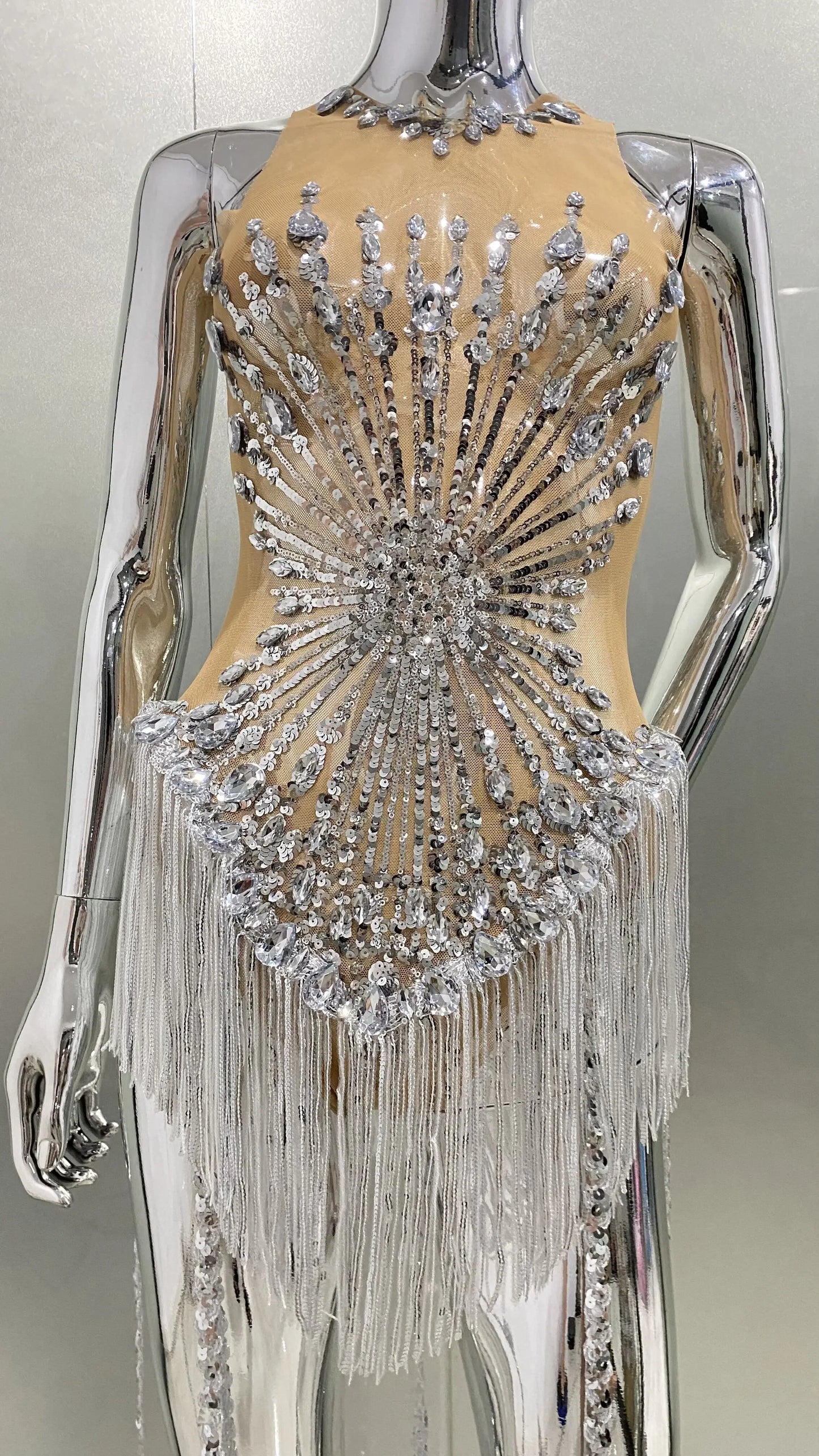 Sliver Sequins Shining Diamonds Long Tassel Sleeveless Mini Dress High Quality Evening Dress Woman Birthday Party Outfit