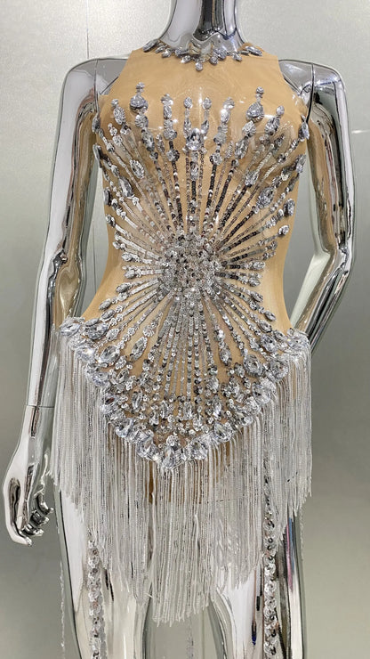 Sliver Sequins Shining Diamonds Long Tassel Sleeveless Mini Dress High Quality Evening Dress Woman Birthday Party Outfit