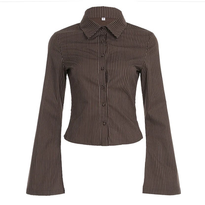 New Women Striped Shirt Casual Turn Down Collar Flare Sleeve Slim Fit Button Up Blouse Minimalist Aesthetic